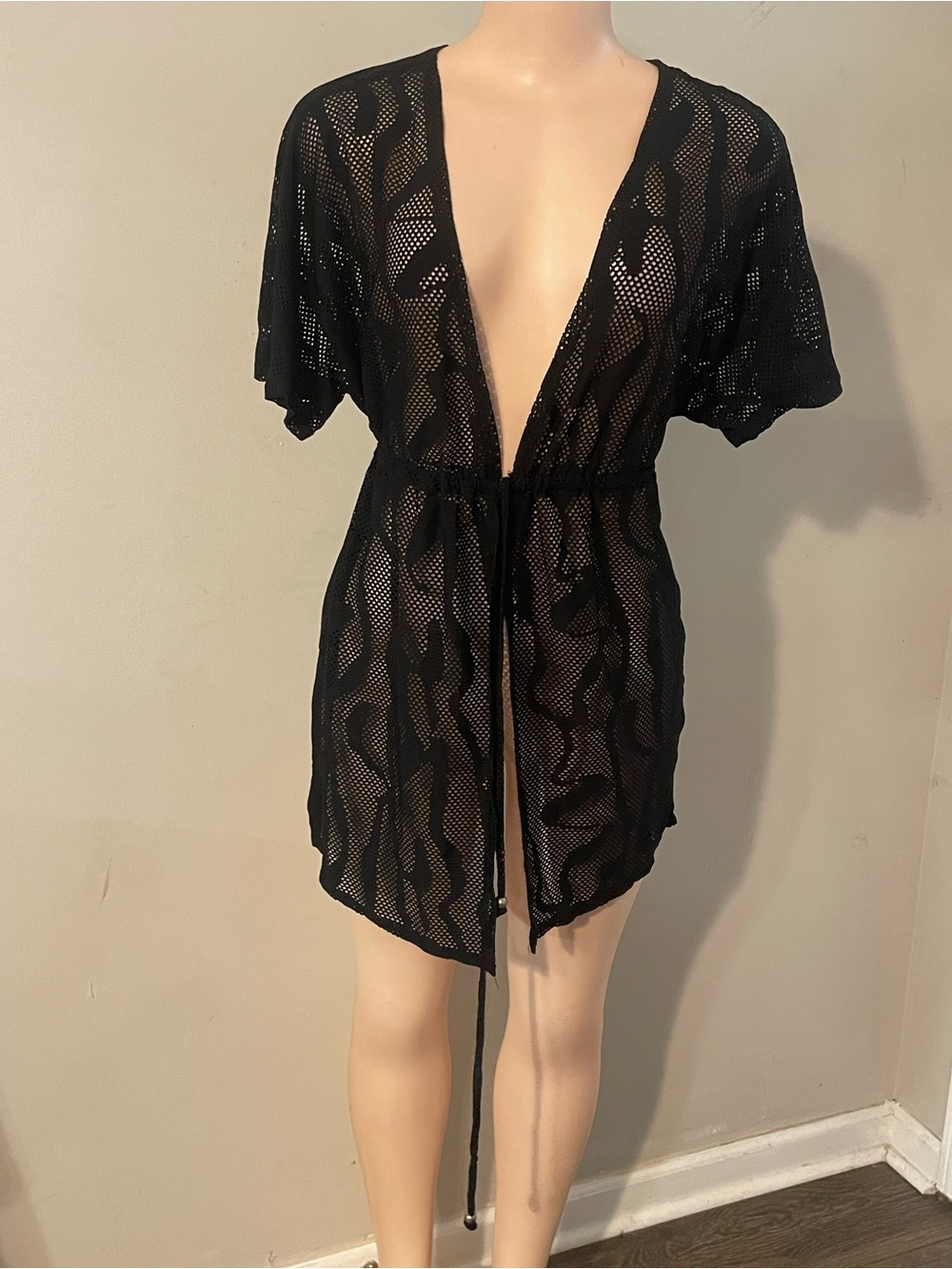 Anne Cole Black Sheer Mesh see through Swim Coverup Tie wrap dress Waist XL